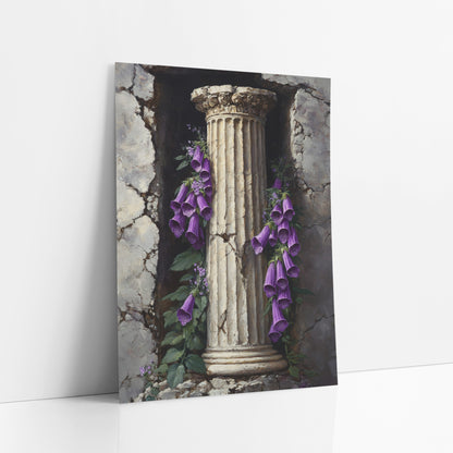Foxglove Column Niche Classic art print leaning against a white wall – purple foxglove flowers hanging beside a cream fluted