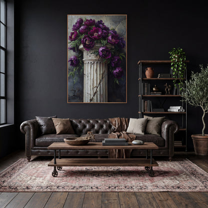 Cascading Plum Peonies Column Moody wall art in a moody dark academia room – deep purple peonies with green leaves