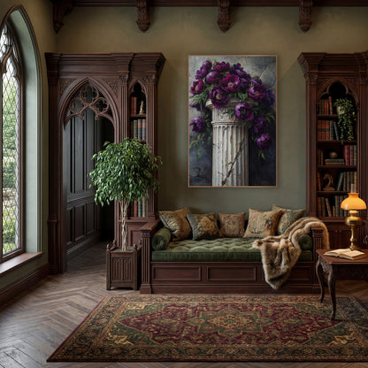Cascading Plum Peonies Column Moody wall art in a moody dark academia room – deep purple peonies with green leaves