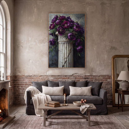 Cascading Plum Peonies Column Moody wall art in a moody dark academia room – deep purple peonies with green leaves