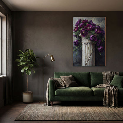 Cascading Plum Peonies Column Moody wall art in a moody dark academia room – deep purple peonies with green leaves
