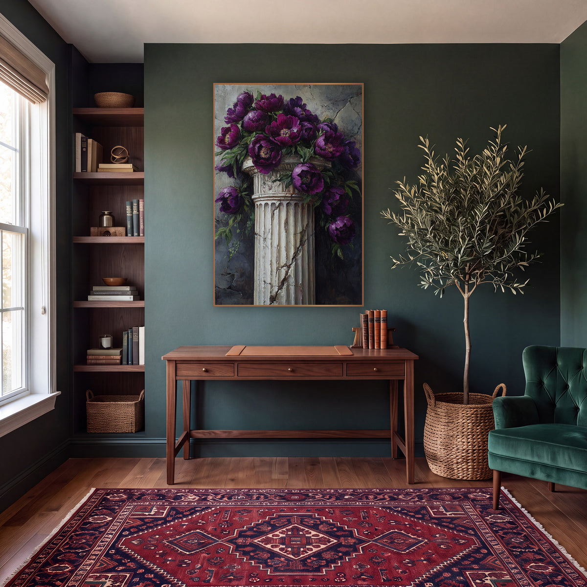 Cascading Plum Peonies Column Moody wall art in a moody dark academia room – deep purple peonies with green leaves