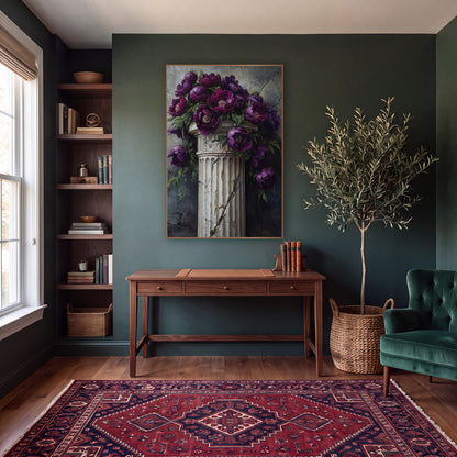 Cascading Plum Peonies Column Moody wall art in a moody dark academia room – deep purple peonies with green leaves