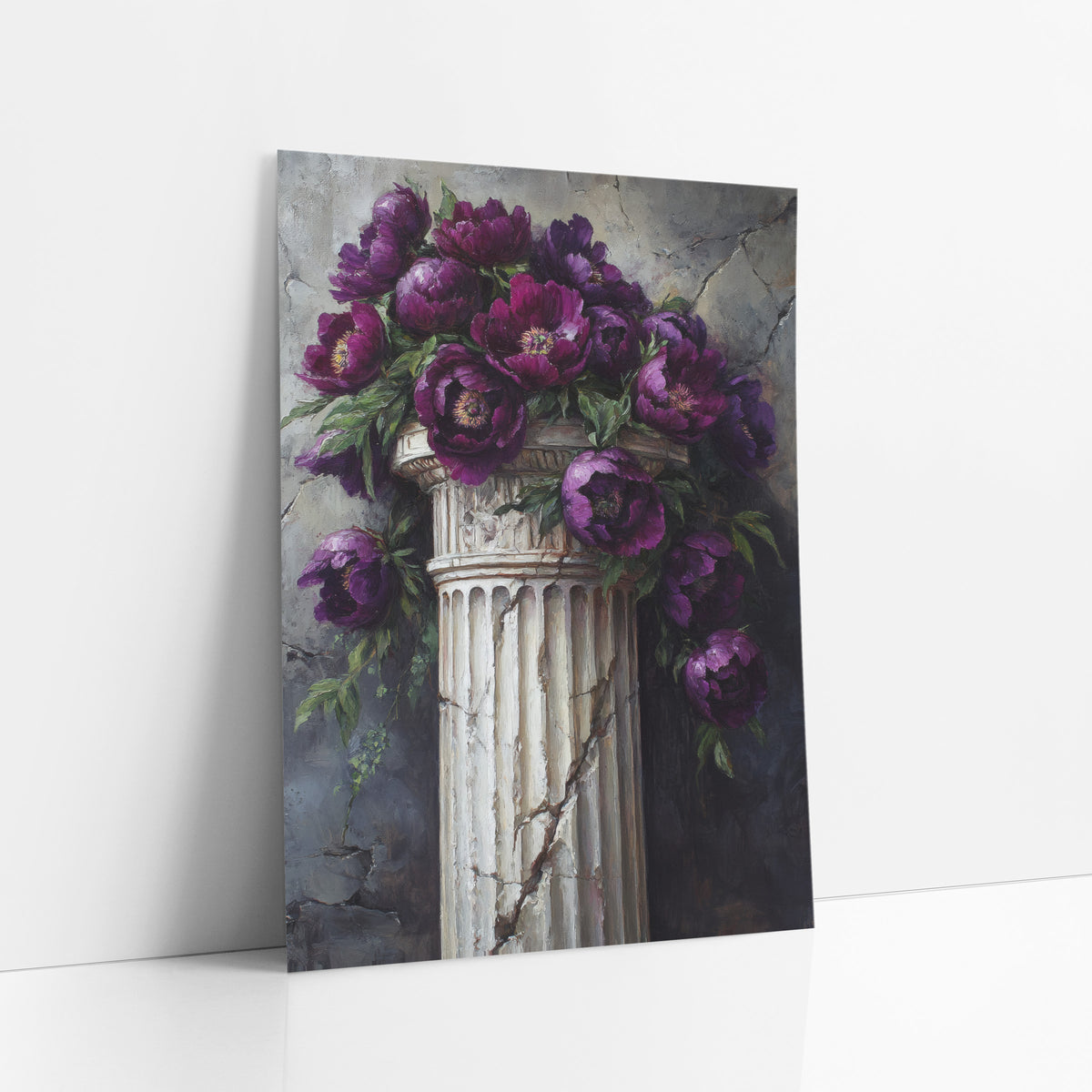 Cascading Plum Peonies Column Moody art print leaning against a white wall – deep purple peonies with green leaves spilling