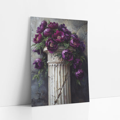 Cascading Plum Peonies Column Moody art print leaning against a white wall – deep purple peonies with green leaves spilling