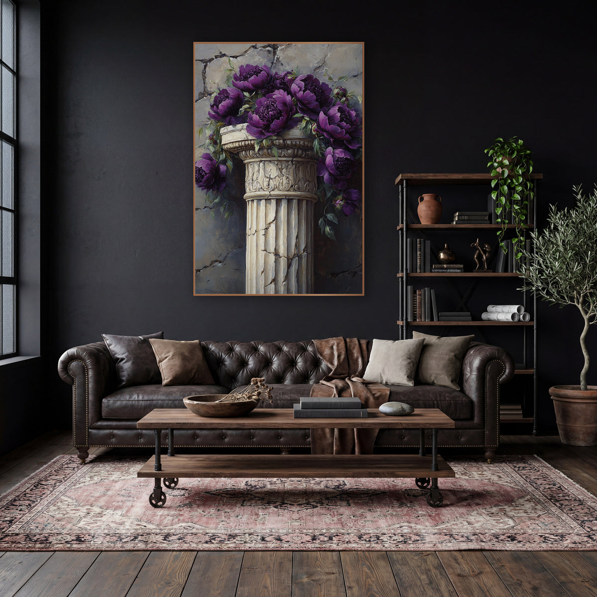 Violet Peonies Carved Capital Classic wall art in a moody dark academia room – deep purple peonies and green leaves