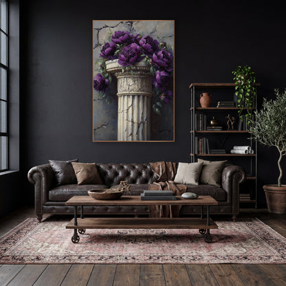 Violet Peonies Carved Capital Classic wall art in a moody dark academia room – deep purple peonies and green leaves