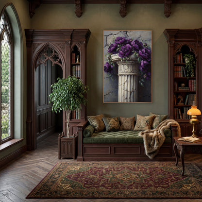 Violet Peonies Carved Capital Classic wall art in a moody dark academia room – deep purple peonies and green leaves