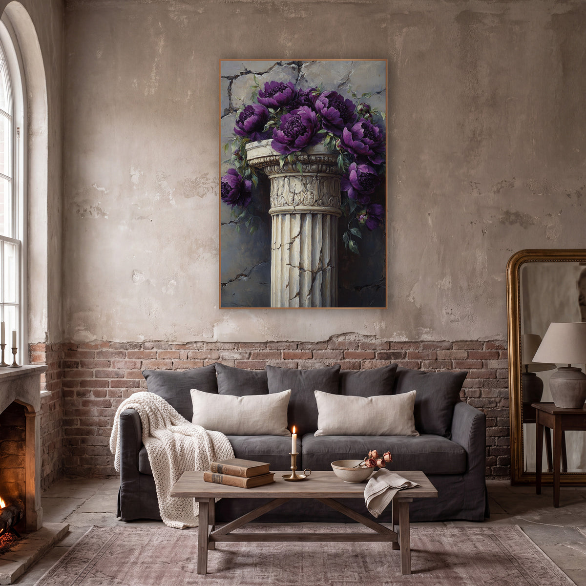 Violet Peonies Carved Capital Classic wall art in a moody dark academia room – deep purple peonies and green leaves