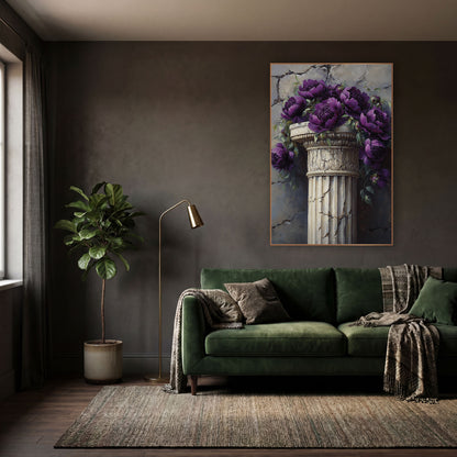 Violet Peonies Carved Capital Classic wall art in a moody dark academia room – deep purple peonies and green leaves