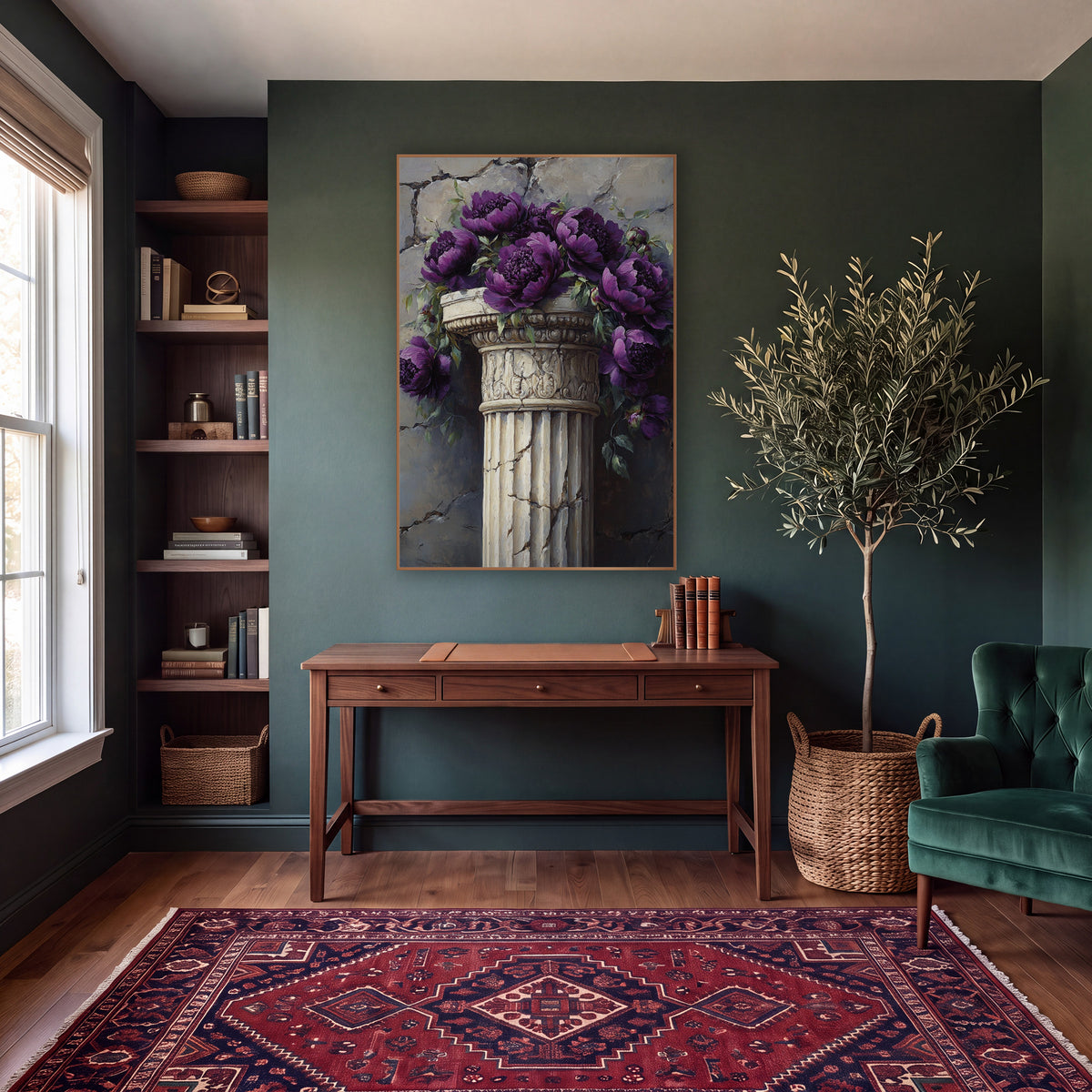 Violet Peonies Carved Capital Classic wall art in a moody dark academia room – deep purple peonies and green leaves