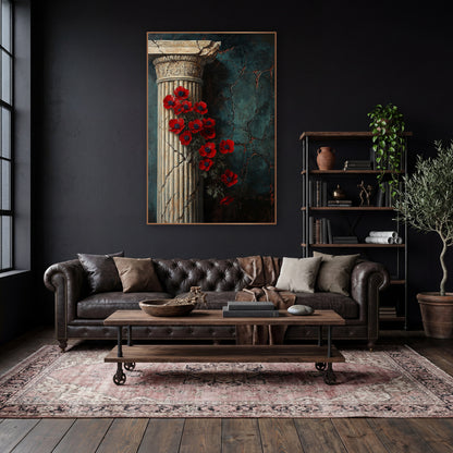 Red Anemones Classical Column Dark Academia wall art in a moody dark academia room – red flowers with navy centers