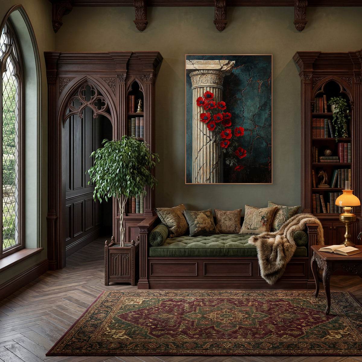 Red Anemones Classical Column Dark Academia wall art in a moody dark academia room – red flowers with navy centers