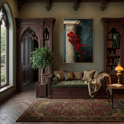 Red Anemones Classical Column Dark Academia wall art in a moody dark academia room – red flowers with navy centers