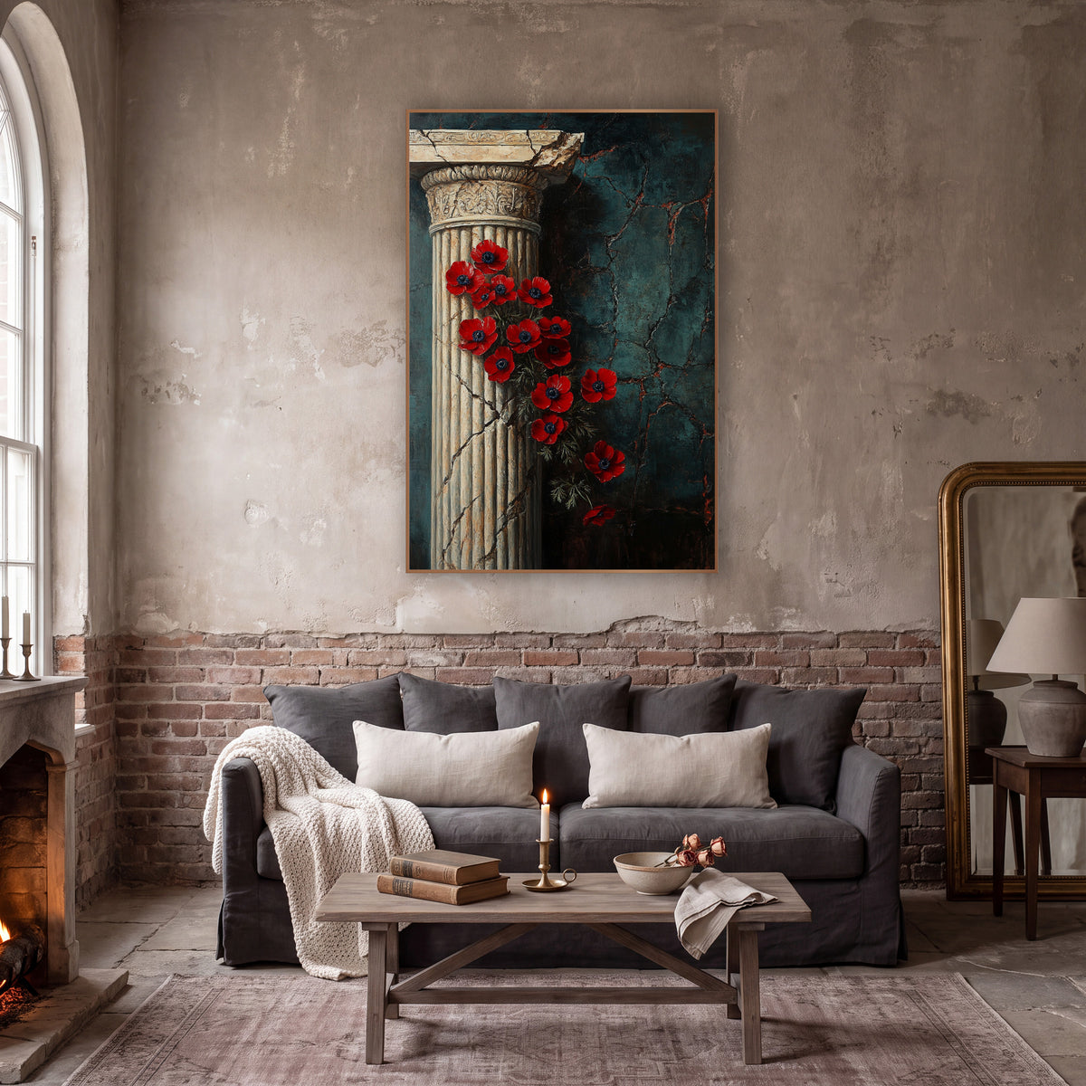 Red Anemones Classical Column Dark Academia wall art in a moody dark academia room – red flowers with navy centers