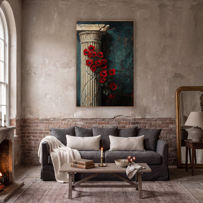 Red Anemones Classical Column Dark Academia wall art in a moody dark academia room – red flowers with navy centers