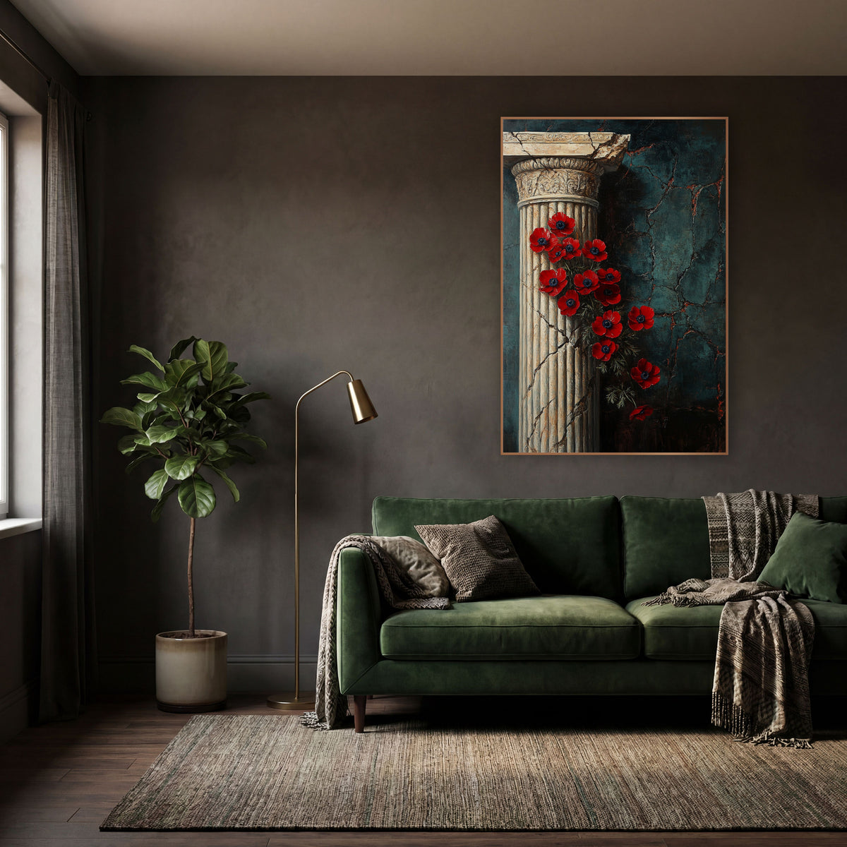 Red Anemones Classical Column Dark Academia wall art in a moody dark academia room – red flowers with navy centers