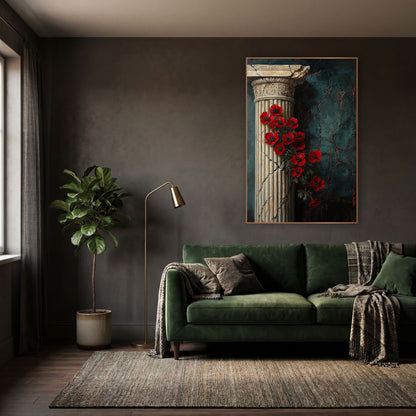 Red Anemones Classical Column Dark Academia wall art in a moody dark academia room – red flowers with navy centers