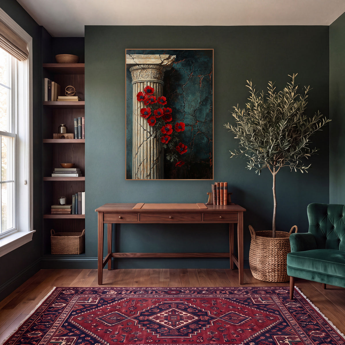 Red Anemones Classical Column Dark Academia wall art in a moody dark academia room – red flowers with navy centers