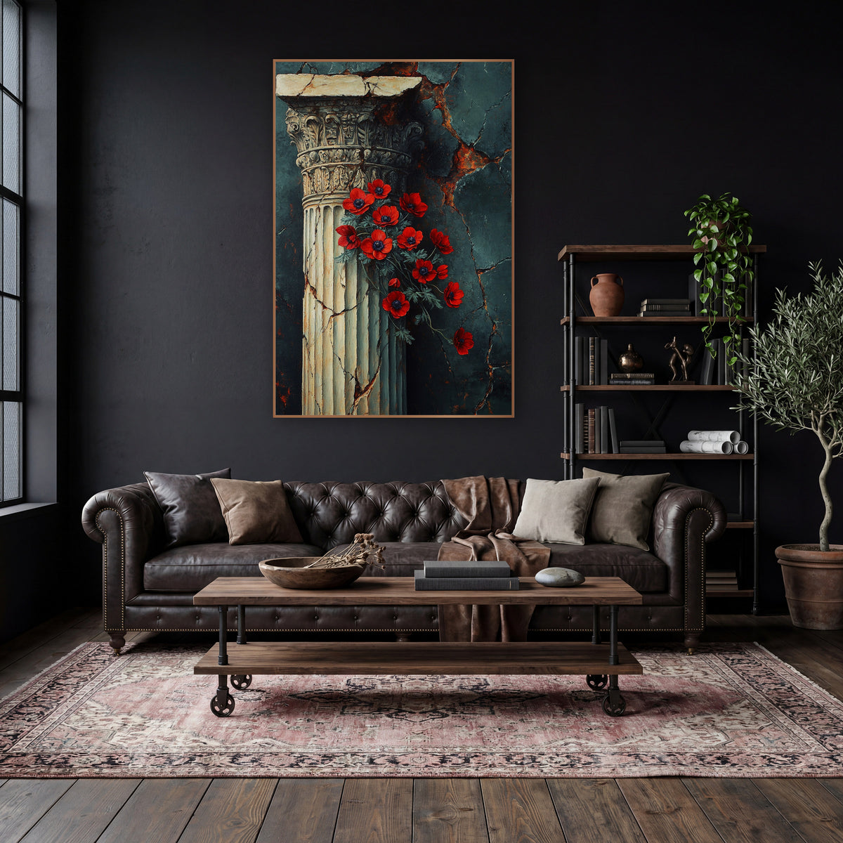 Red Anemone Classical Column Dark Academia wall art in a moody dark academia room – red flowers beside a cream