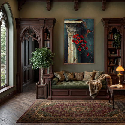 Red Anemone Classical Column Dark Academia wall art in a moody dark academia room – red flowers beside a cream