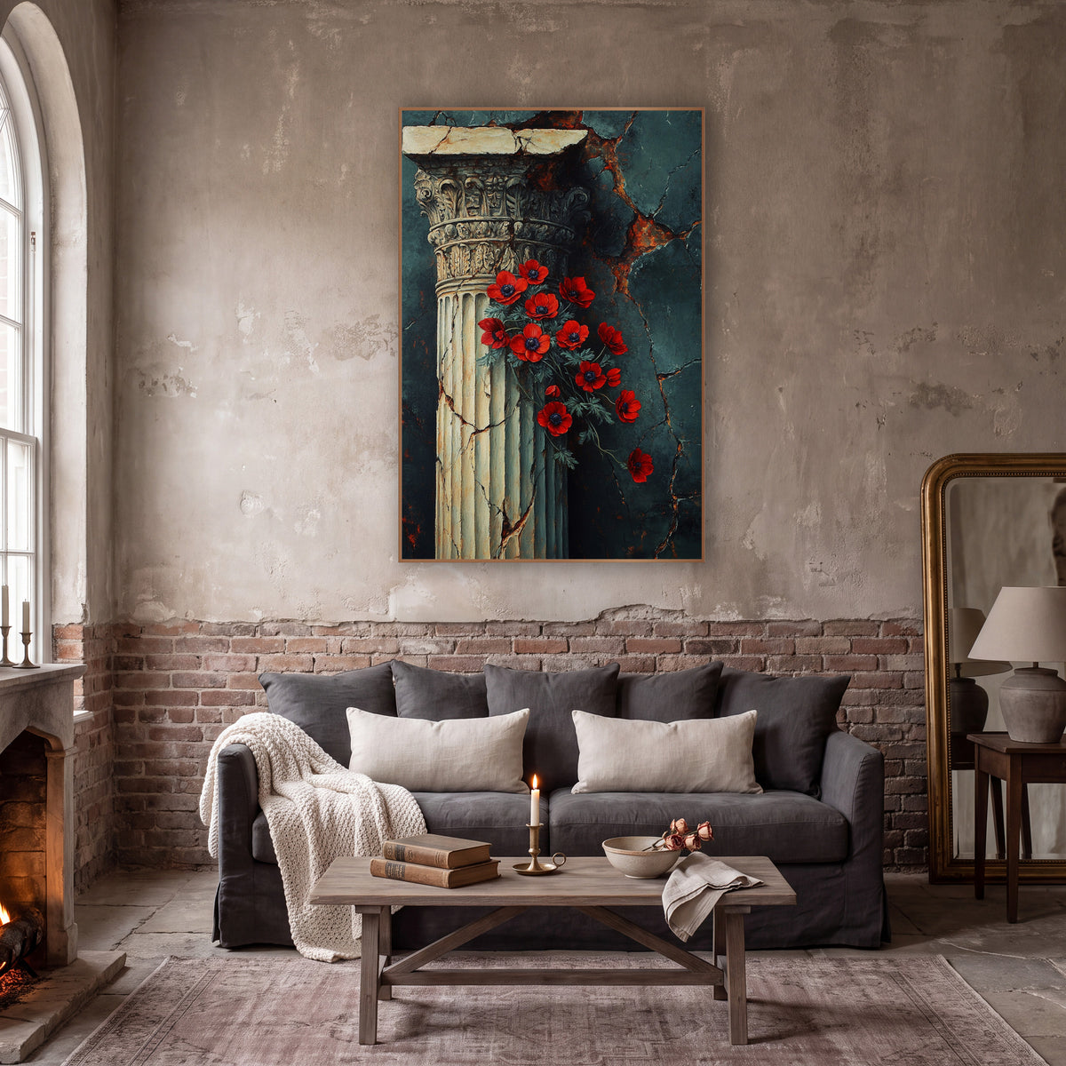 Red Anemone Classical Column Dark Academia wall art in a moody dark academia room – red flowers beside a cream