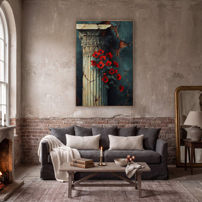 Red Anemone Classical Column Dark Academia wall art in a moody dark academia room – red flowers beside a cream