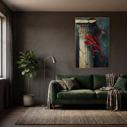 Red Anemone Classical Column Dark Academia wall art in a moody dark academia room – red flowers beside a cream