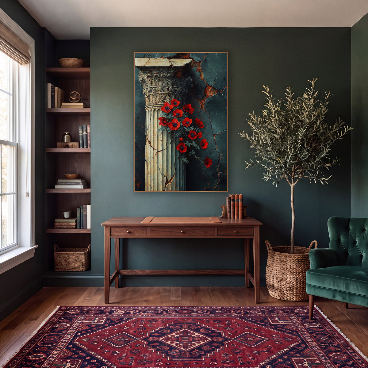 Red Anemone Classical Column Dark Academia wall art in a moody dark academia room – red flowers beside a cream
