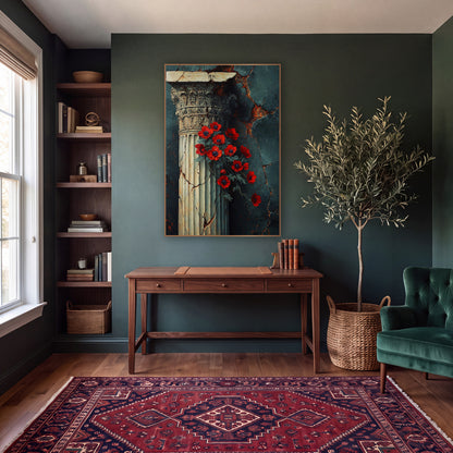 Red Anemone Classical Column Dark Academia wall art in a moody dark academia room – red flowers beside a cream