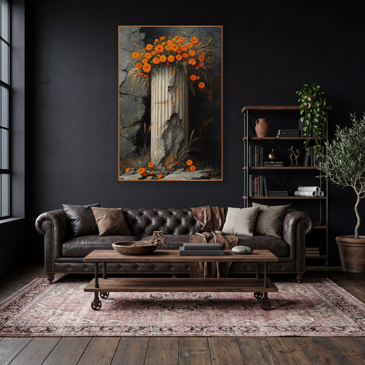 Orange Marigolds on Broken Column wall art in a moody dark academia room – orange marigold-like flowers crowning