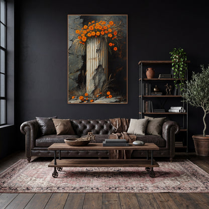 Orange Marigolds on Broken Column wall art in a moody dark academia room – orange marigold-like flowers crowning