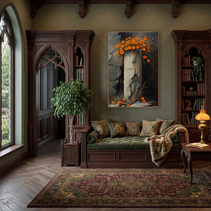 Orange Marigolds on Broken Column wall art in a moody dark academia room – orange marigold-like flowers crowning