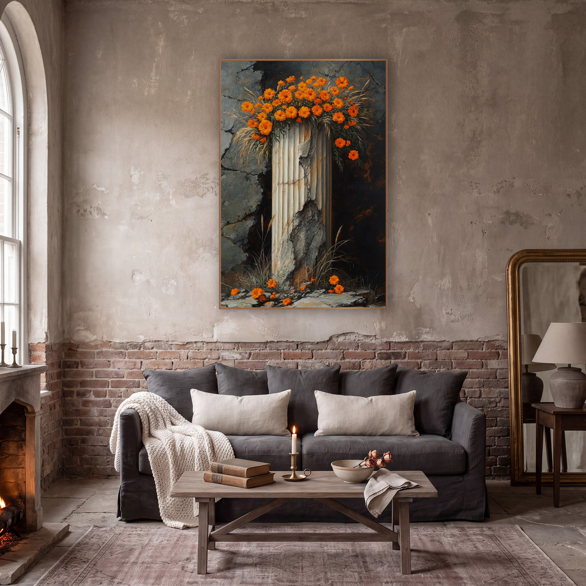 Orange Marigolds on Broken Column wall art in a moody dark academia room – orange marigold-like flowers crowning