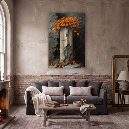Orange Marigolds on Broken Column wall art in a moody dark academia room – orange marigold-like flowers crowning