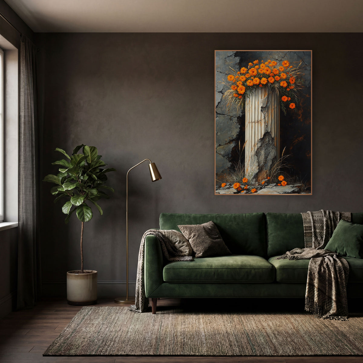 Orange Marigolds on Broken Column wall art in a moody dark academia room – orange marigold-like flowers crowning