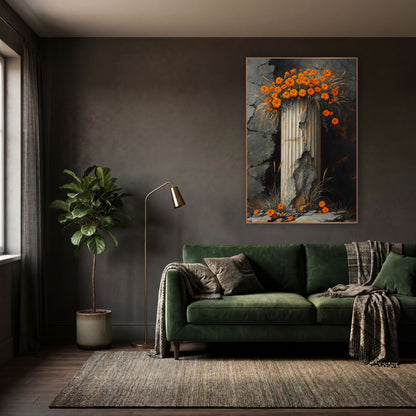 Orange Marigolds on Broken Column wall art in a moody dark academia room – orange marigold-like flowers crowning