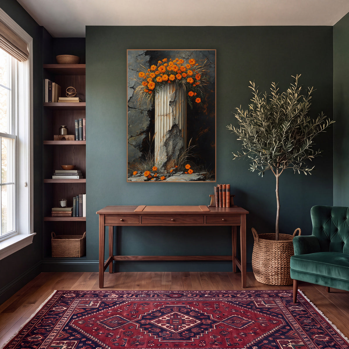 Orange Marigolds on Broken Column wall art in a moody dark academia room – orange marigold-like flowers crowning
