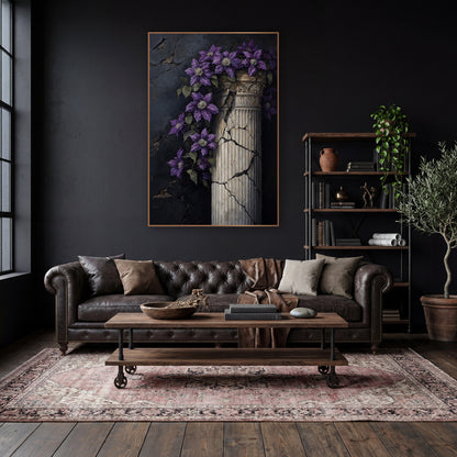 Purple Clematis Cracked Column Moody wall art in a moody dark academia room – purple clematis flowers trailing