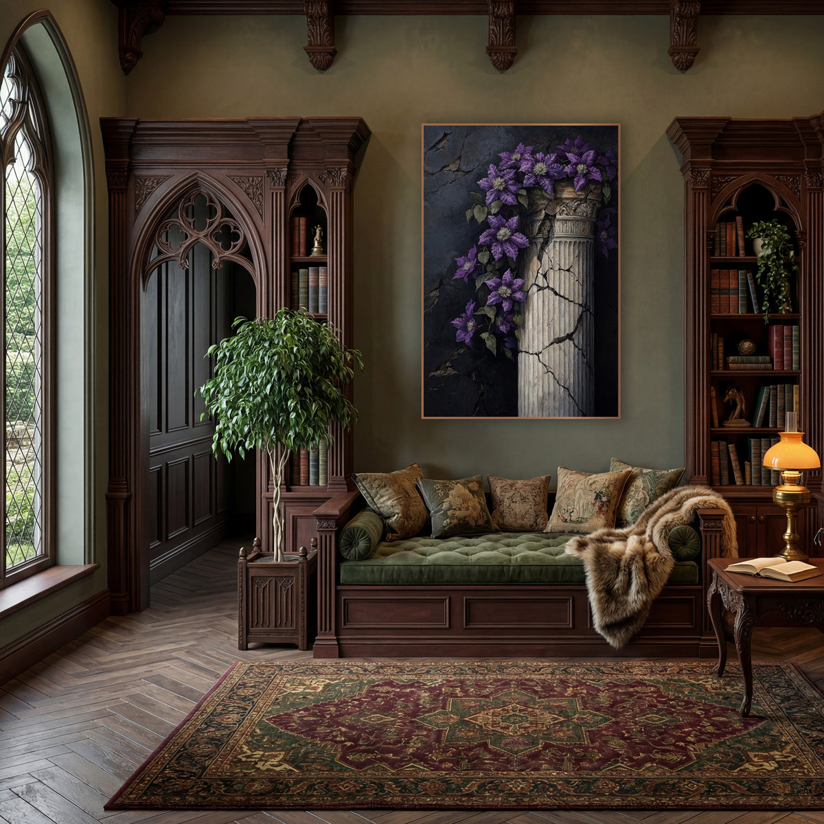 Purple Clematis Cracked Column Moody wall art in a moody dark academia room – purple clematis flowers trailing