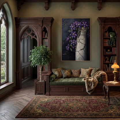 Purple Clematis Cracked Column Moody wall art in a moody dark academia room – purple clematis flowers trailing