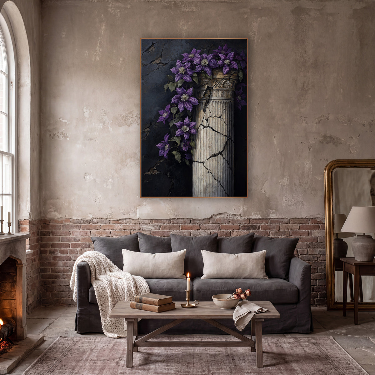 Purple Clematis Cracked Column Moody wall art in a moody dark academia room – purple clematis flowers trailing