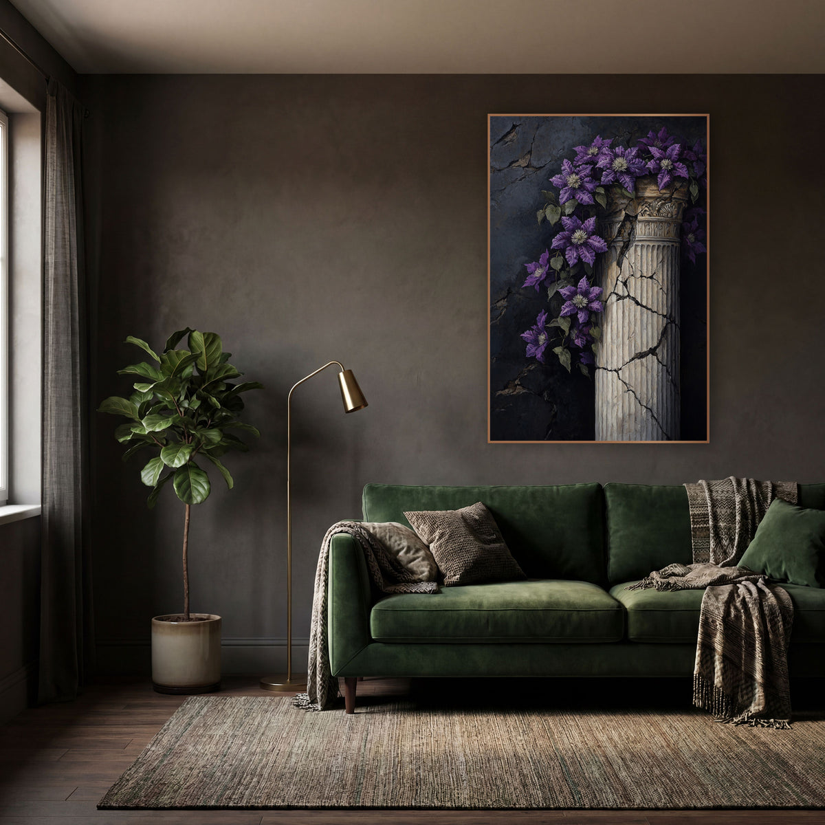 Purple Clematis Cracked Column Moody wall art in a moody dark academia room – purple clematis flowers trailing