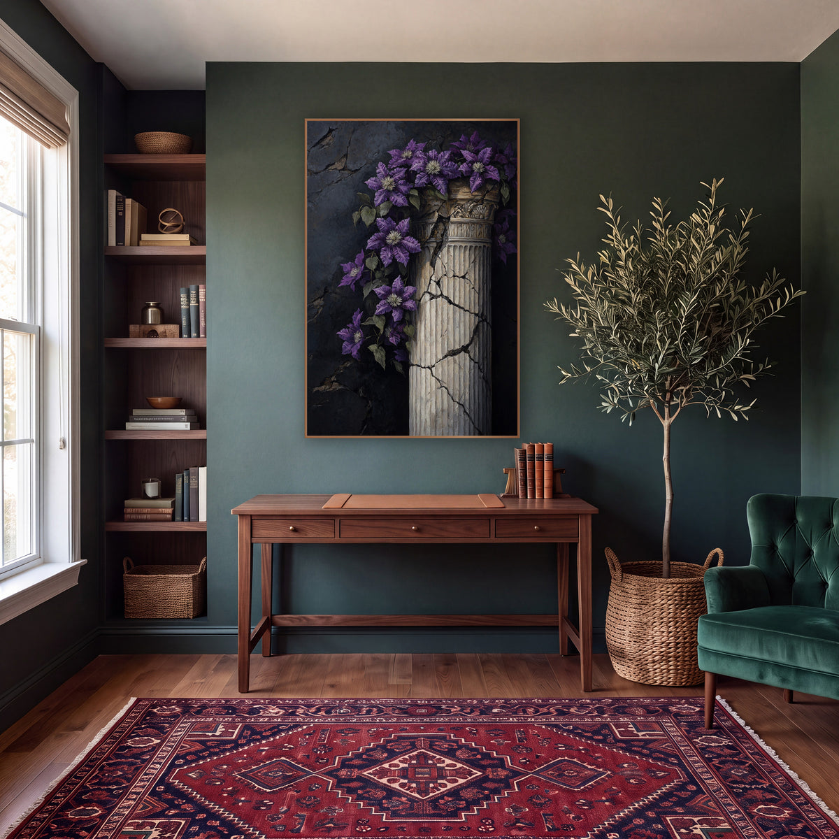 Purple Clematis Cracked Column Moody wall art in a moody dark academia room – purple clematis flowers trailing