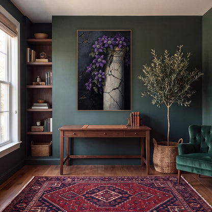 Purple Clematis Cracked Column Moody wall art in a moody dark academia room – purple clematis flowers trailing