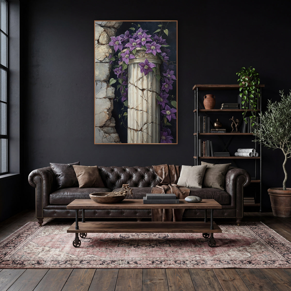 Purple Clematis Cracked Column Gothic wall art in a moody dark academia room – purple clematis flowers and vines