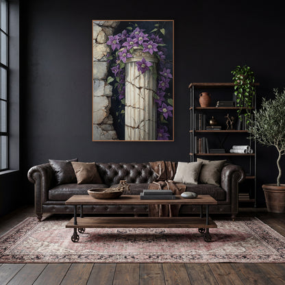 Purple Clematis Cracked Column Gothic wall art in a moody dark academia room – purple clematis flowers and vines