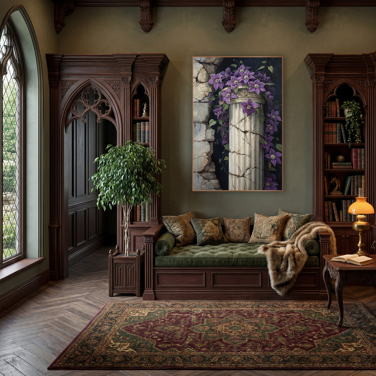 Purple Clematis Cracked Column Gothic wall art in a moody dark academia room – purple clematis flowers and vines