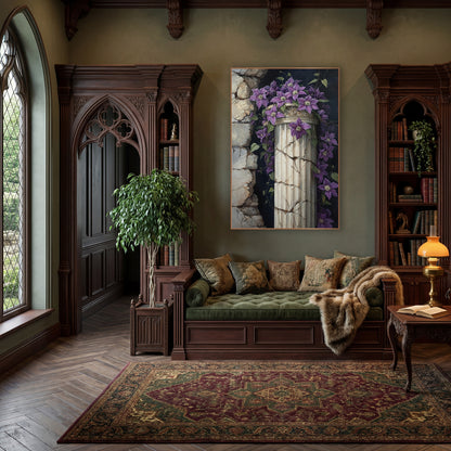 Purple Clematis Cracked Column Gothic wall art in a moody dark academia room – purple clematis flowers and vines