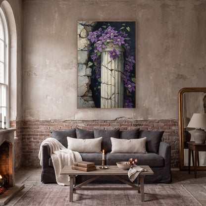 Purple Clematis Cracked Column Gothic wall art in a moody dark academia room – purple clematis flowers and vines